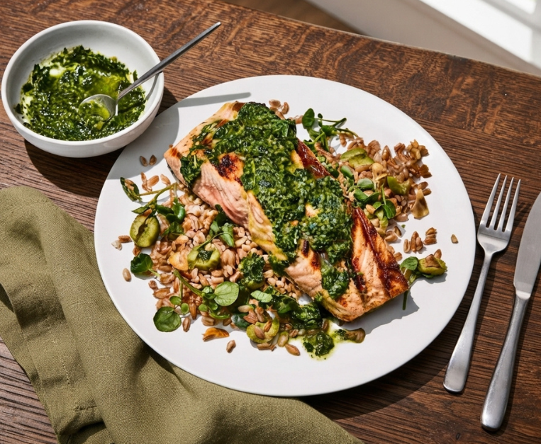 salmone-alla-griglia-con-salsa-verde-e-farro
