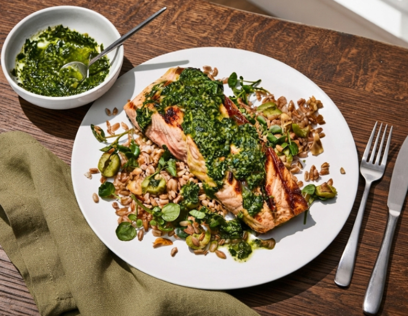 salmone-alla-griglia-con-salsa-verde-e-farro